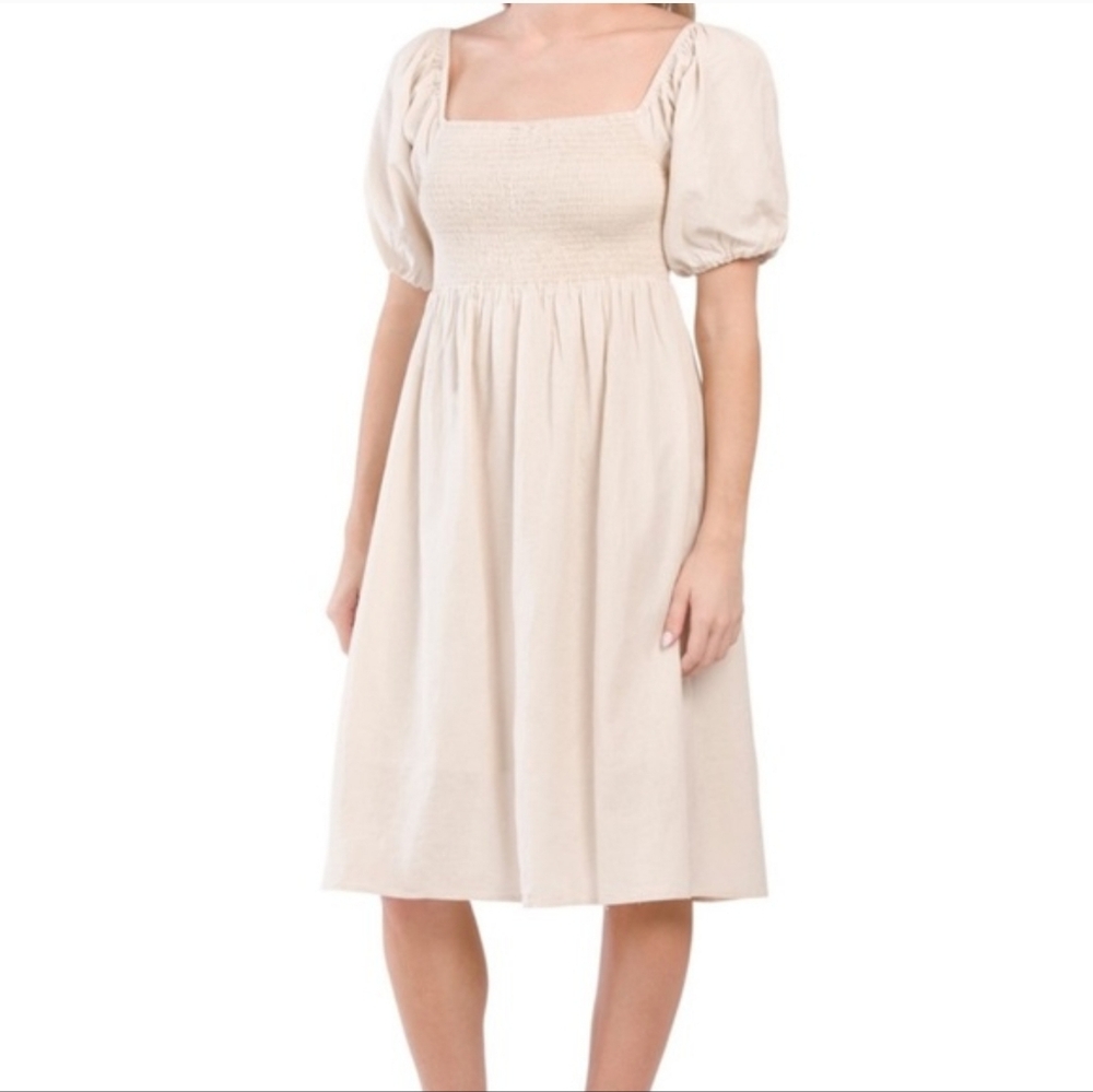 7 For All Mankind Linen Blend Smocked Puff Sleeve Midi Dress Size M